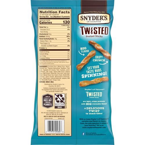 Snyders Of Hanover, Jalapeno Ranch Twisted Pretzel Sticks, 12 Oz Bag