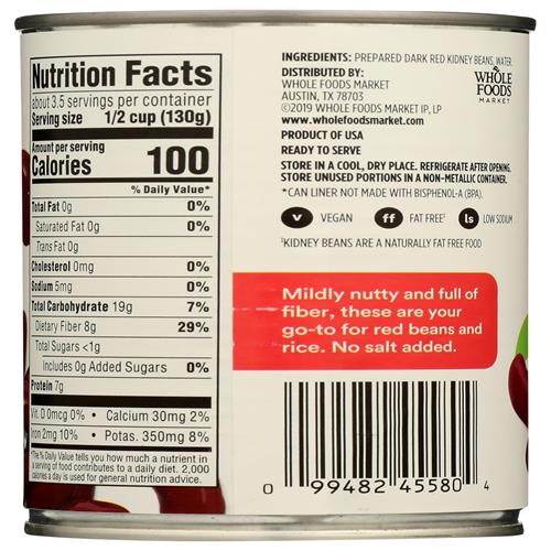 Whole Foods Market, Dark Red Kidney Beans No Salt Added, 15.5 Oz
