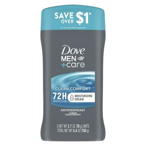 Dove Men+Care Antiperspirant Deodorant Stick Clean Comfort Twin Pack 72-Hour Sweat & Odor Protection Antiperspirant For Men With 1/4 Moisturizing Cream 2.7 Oz