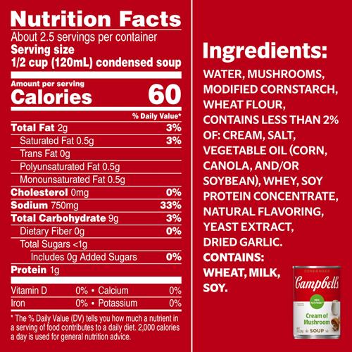 Campbells Condensed 98% Fat Free Cream Of Mushroom Soup, 10.5 Oz Can