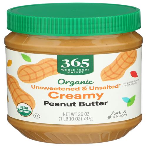 Whole Foods Market Organic Creamy Unsweetened No Salt Peanut Butter, 26 Ounce