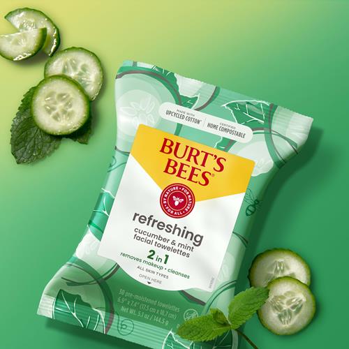 Burts Bees Refreshing Facial Towelettes With Cucumber And Mint, Pre-Moistened Towelettes For All Skin Types, 99 Percent Natural Origin Skin Care, 30 Ct. Package
