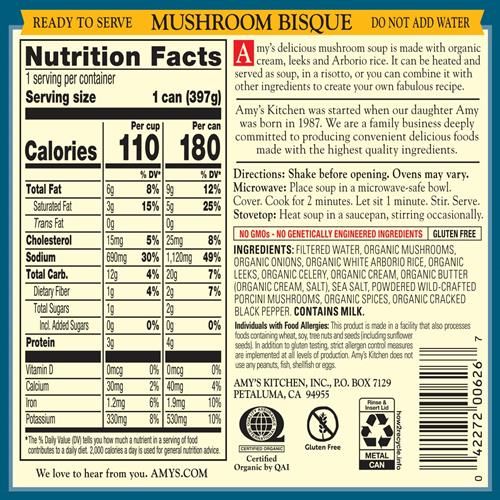 Amys Soup, Mushroom Bisque With Porcini, Gluten Free, Made With Organic Vegetables And Cream, Vegetarian Canned Soup, 14 Oz