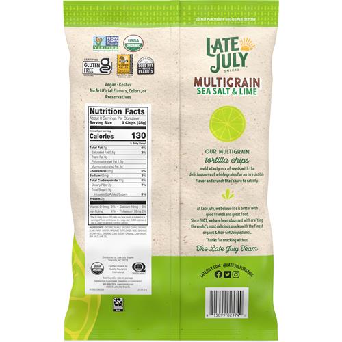 Late July Snacks, Organic Multigrain Tortilla Chips, Sea Salt And Lime, 7.5-Oz. Bag