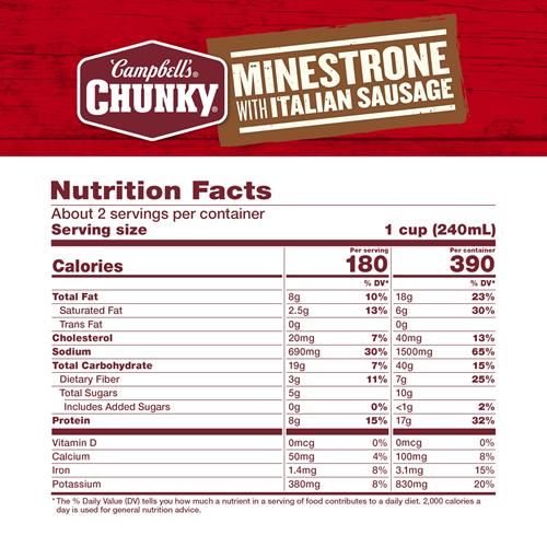 Campbell’S Chunky Soup, Minestrone With Italian Sausage Soup, 18.8 Oz Can