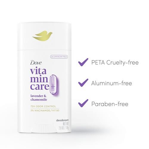 Dove Vitamincare+ Aluminum Free Deodorant Stick For 72H Odor Protection Lavender & Chamomile Breathable Deodorant For Women 2.6 Oz