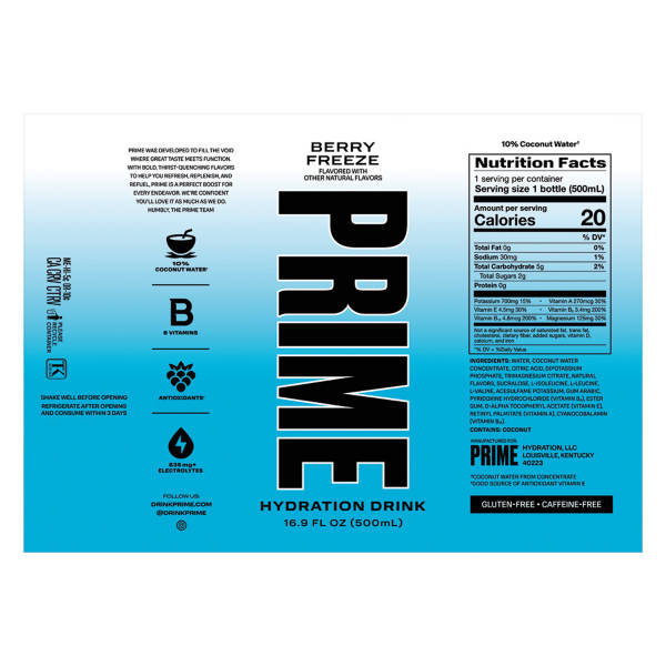 Prime Hydration Blue Freeze Hydration Drink, 16.9 fl oz