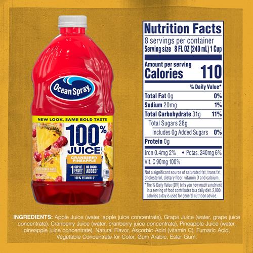 Ocean Spray 100% Juice Cranberry Pineapple Juice Blend, 64 Fl Oz Bottle (Pack Of 1)
