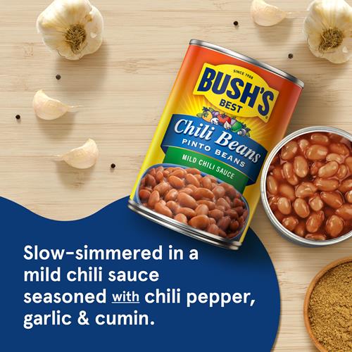 Bushs Best Canned Chili Beans, Pinto Beans In A Mild Chili Sauce, Source Of Plant Based Protein And Fiber, Low Fat, Gluten Free, 16 Oz