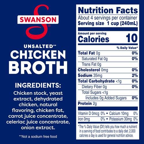 Swanson 100% Natural Unsalted Chicken Broth, 32 Oz Carton