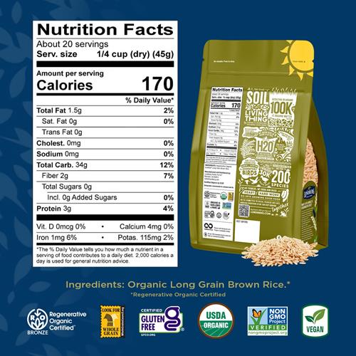 Lundberg Brown Rice, Regenerative Organic Certified – Non-Sticky, Aromatic Long Grain Rice, Responsibly Grown In California, 32 Oz