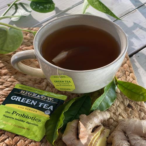 Bigelow Tea Green Tea With Ginger Plus Probiotics, Caffeinated, 18 Count, (Pack Of 1), 18 Total Tea Bags