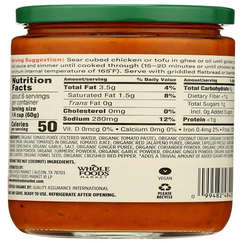 Whole Foods Market Organic Madras Curry Sauce, 12 Ounce