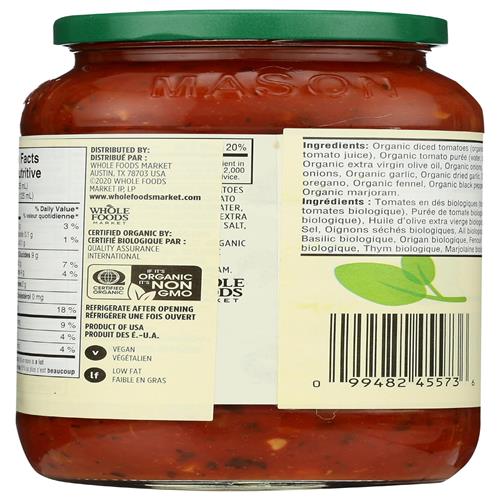 Whole Foods Market, Organic Italian Herb Pasta Sauce, 25 Oz