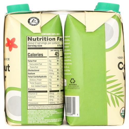 Whole Foods Market, Organic Coconut Water, 100% Pulp-Free Juice, 16.9 Fl Oz Per Carton, Pack Of 4
