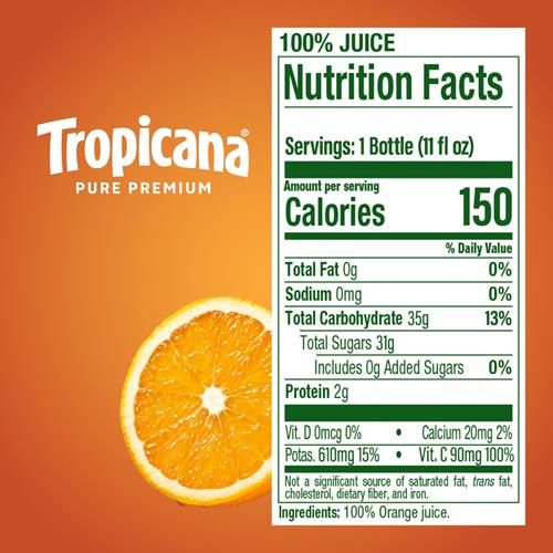 Tropicana Pure Premium 100% Orange Juice Original, Some Pulp, Single Serve, 11 Fl Oz Bottle