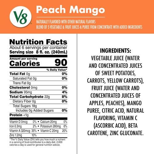 V8 Peach Mango 100% Fruit And Vegetable Juice, 46 Fl Oz Bottle
