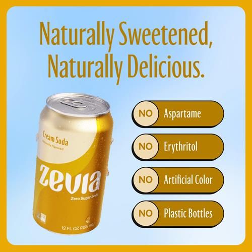 Zevia Zero Calorie Soda, Cream Soda, 12 Ounce Cans (Pack Of 6)