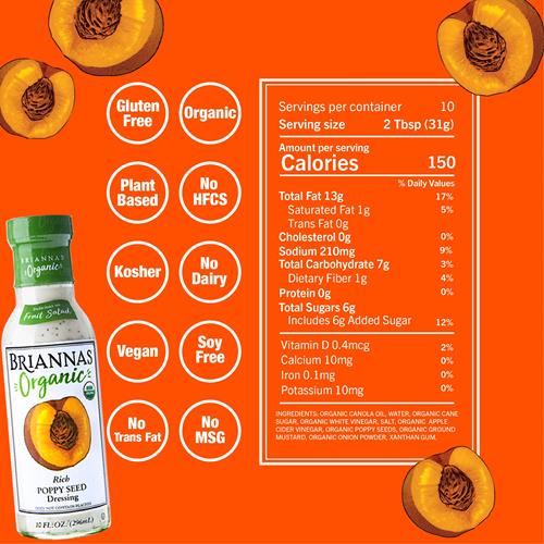 Briannas - Organic Rich Poppy Seed Dressing - Certified Kosher & Organic Salad Dressing Made With Premium Ingredients - 10 Oz. Bottle