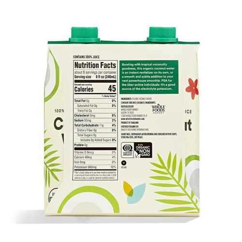 Whole Foods Market, Organic Coconut Water, 100% Pulp-Free Juice, 16.9 Fl Oz Per Carton, Pack Of 4