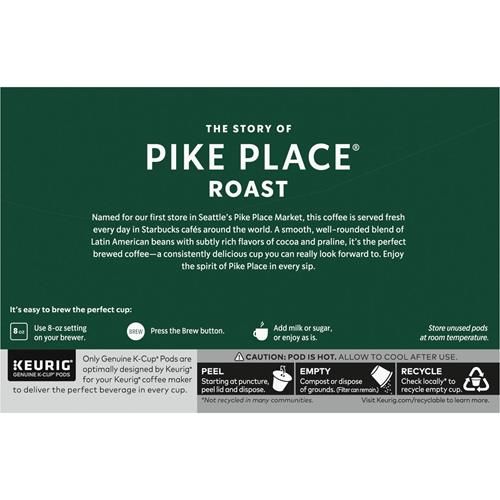 Starbucks K-Cup Coffee Pods, Medium Roast Coffee, Pike Place Roast For Keurig Coffee Makers, 100% Arabica, 1 Box (10 Pods)