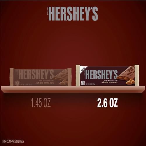 Hersheys Milk Chocolate With Whole Almonds King Size, Candy Bar, 2.6 Oz
