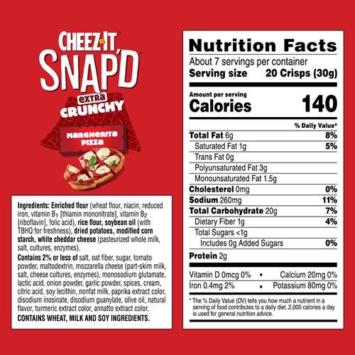 Cheez-It Snapd Cheesy Baked Snacks, Thin Crisps, Lunch Snacks, Extra Crunchy Margherita Pizza, 7.5Oz Bag (1 Bag)