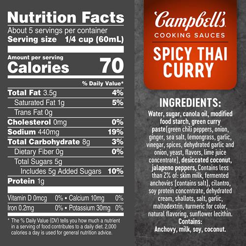 Campbells Cooking Sauces, Spicy Thai Curry, 11 Oz Pouch
