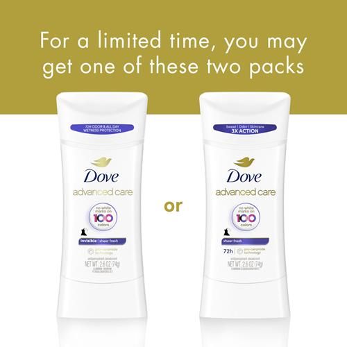 Dove Advanced Care Antiperspirant Deodorant Stick Sheer Fresh For Soft, Resilient Skin, With No White Marks & 72-Hour Sweat & Odor Protection, 2.6 Oz