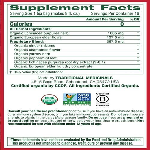 Traditional Medicinals, Seasonal Wellness, Organic, Echinacea Plus, Elderberry, 16 Tea Bags, Net Wt. 0.85 Oz