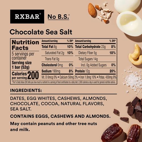 Rxbar Protein Bars, Protein Snack, Snack Bars, Chocolate Sea Salt, 9.1Oz (5 Bars)
