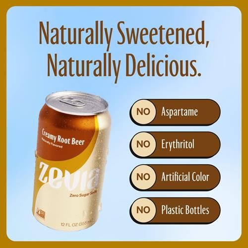 Zevia Zero Sugar Soda, Creamy Root Beer, 12 Ounce Cans (Pack Of 12)