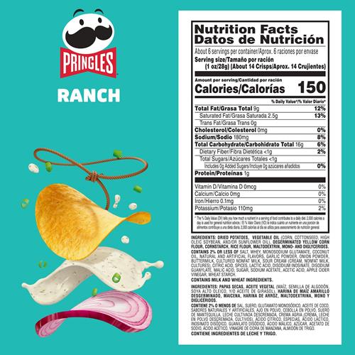 Pringles, Potato Crisps, Ranch, 5.5 Ounce