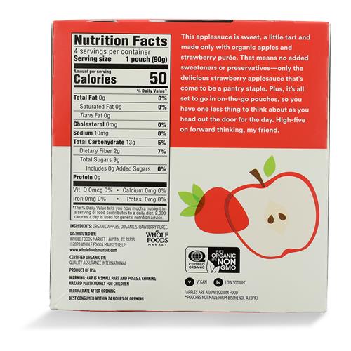 Whole Foods Market, Organic Strawberry Applesauce Pouches, Unsweetened, 3.2 Ounce (Pack Of 4)