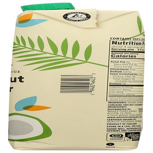 Whole Foods Market, Organic Coconut Water, 100% Pulp-Free Juice, 33.8 Fl Oz