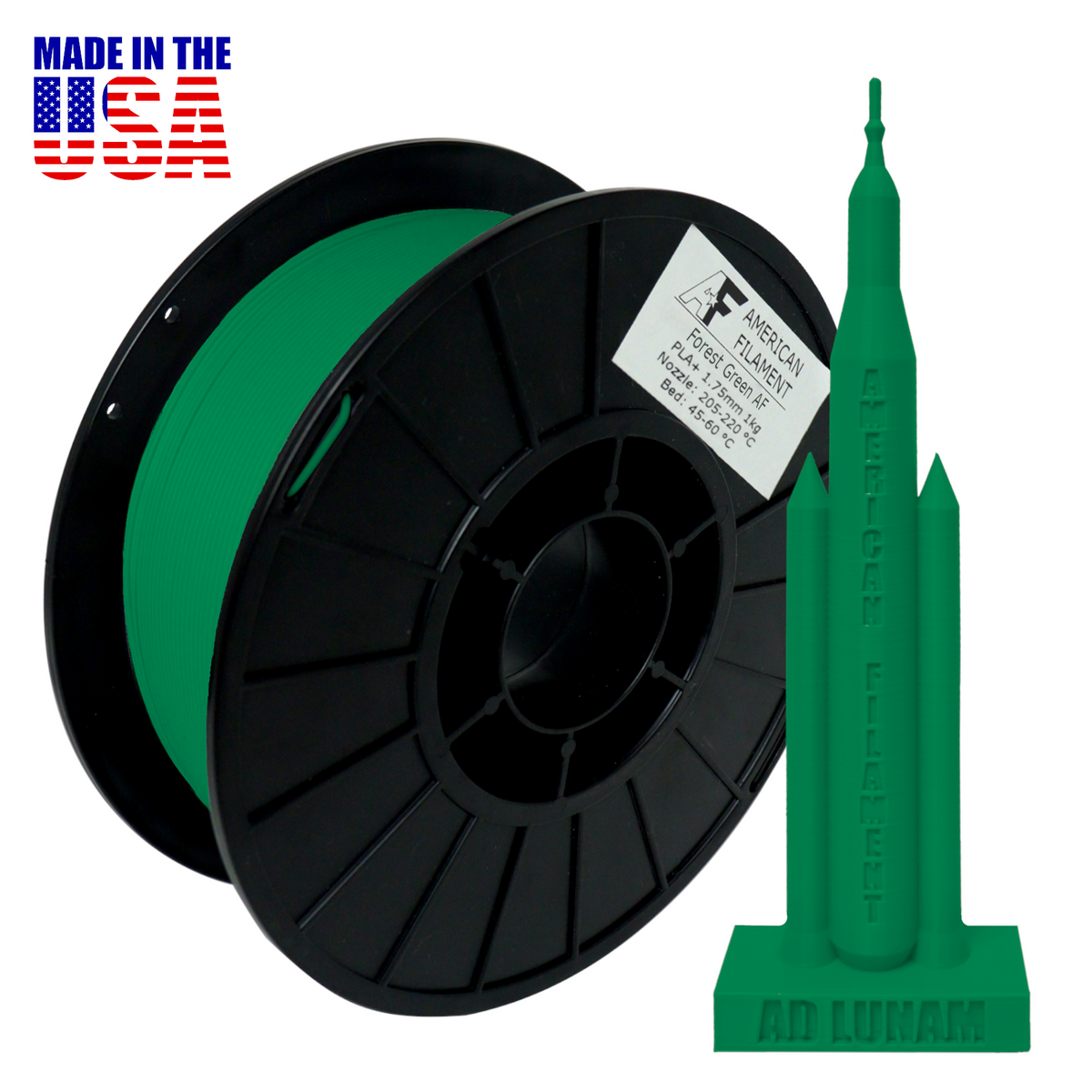 Forest Green AF PLA+ 3D Printer Filament, 1.75 mm Diameter Made in the USA!