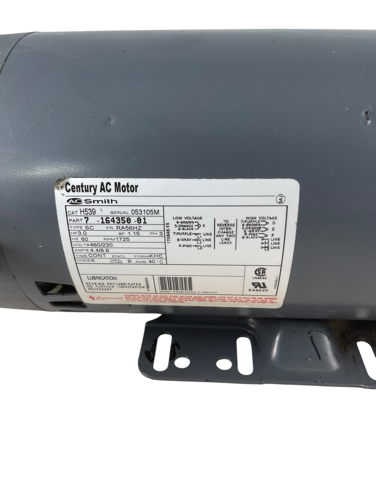 7-164350-01 AO Smith 3 HP, 1725 RPM 460/230 Volts Belt Drive Motor (TESTED)