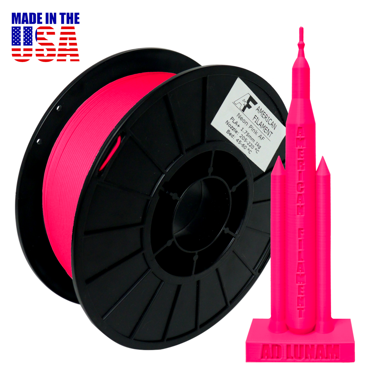 Neon Pink AF PLA+ 3D Printer Filament, 1.75 mm Diameter Made in the USA!