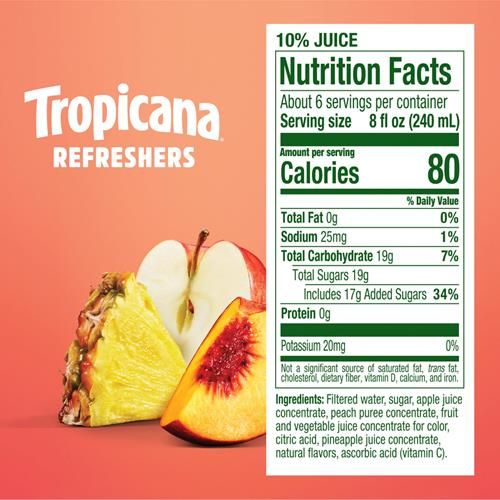 Tropicana Refreshers Peach Pineapple Juice Drink, With Real Fruit Juice, 46 Fl Oz Bottle