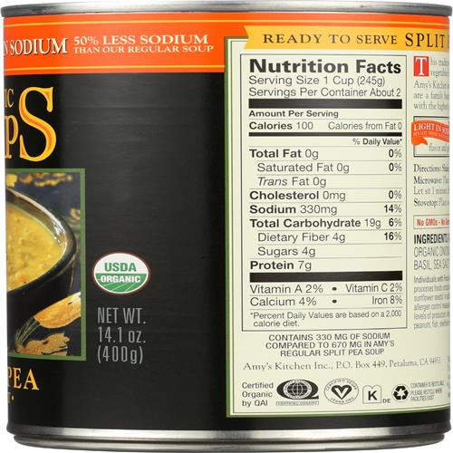 Amys, Soup Split Pea Low Sodium Organic, 14.1 Ounce