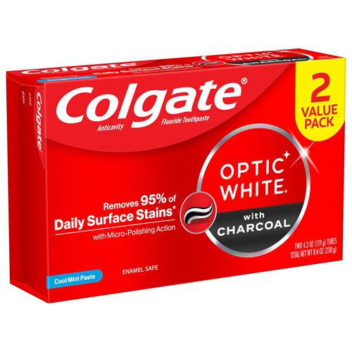 Colgate Optic White Charcoal Whitening Toothpaste, Cool Mint, Enamel-Safe With Fluoride, 2 Pack 4.2Oz Tubes