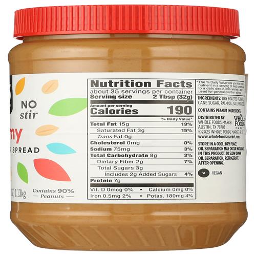 Whole Foods Market, No Stir Creamy Peanut Butter Spread, 40 Ounce