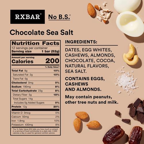 Rxbar Protein Bars, Protein Snack, Snack Bars, Chocolate Sea Salt, 22Oz Box (12 Bars)