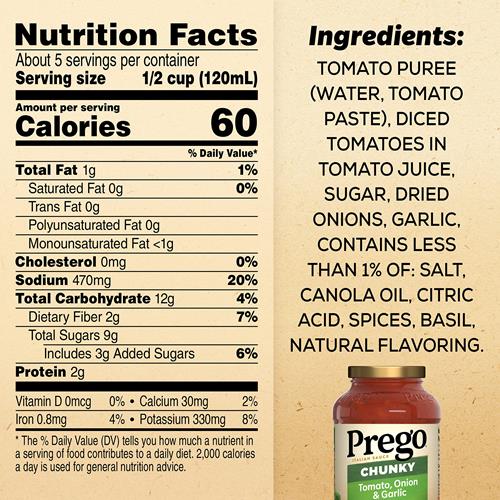 Prego Chunky Tomato With Garlic And Onion Pasta Sauce, 24 Oz Jar
