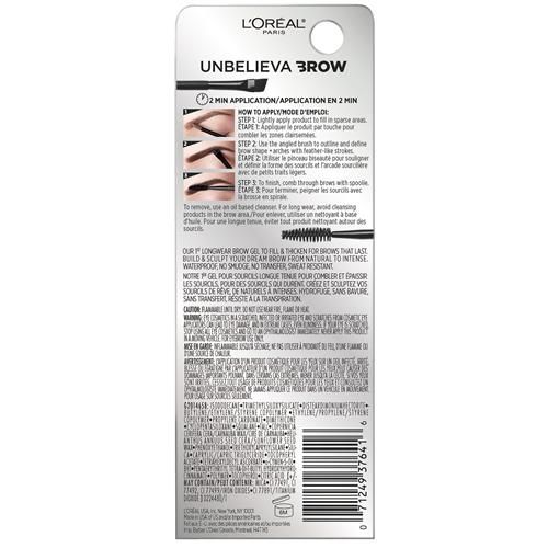 Loreal Paris Unbelieva-Brow Longwear Waterproof Tinted Brow Gel, Smudge-Resistant, Transfer- Proof, Quick Drying, Easy And Quick Application With Precise Brush, Dark Brunette, 0.15 Fl. Oz. - Pack