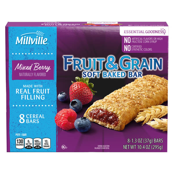 Millville Mixed Berry Fruit and Grain Cereal Bars, 8 count