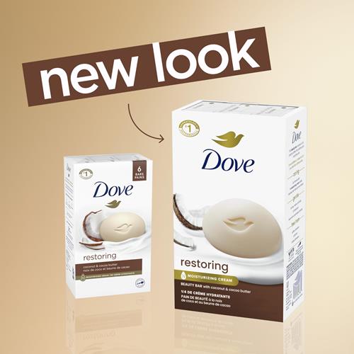 Dove Beauty Bar Soap Restoring Coconut & Cocoa Butter 6 Count For Restored Skin, Nourishes Skin 3.75 Oz