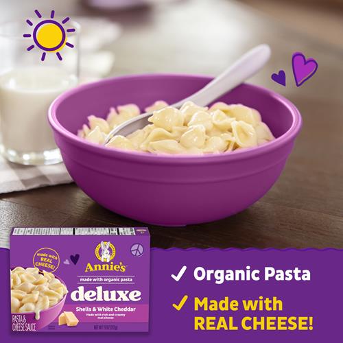 Annies Deluxe Macaroni And Cheese With Organic Pasta, Real White Cheddar Cheese And Shells, 11 Oz