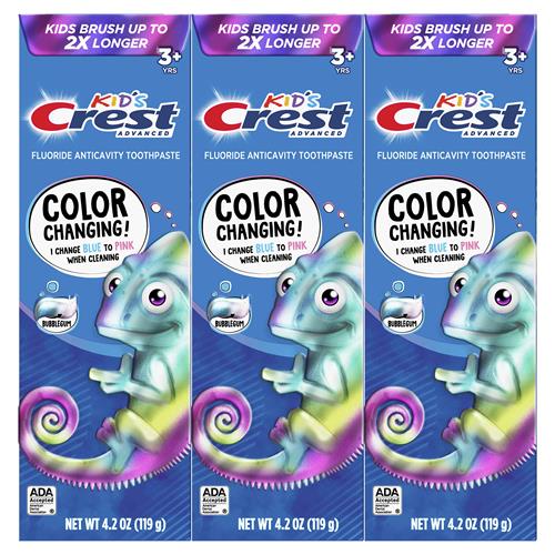 Crest Advanced Kids Fluoride Toothpaste, Bubblegum Flavor, 4.2 Oz, 3 Count, Color-Changing Anticavity Toothpaste