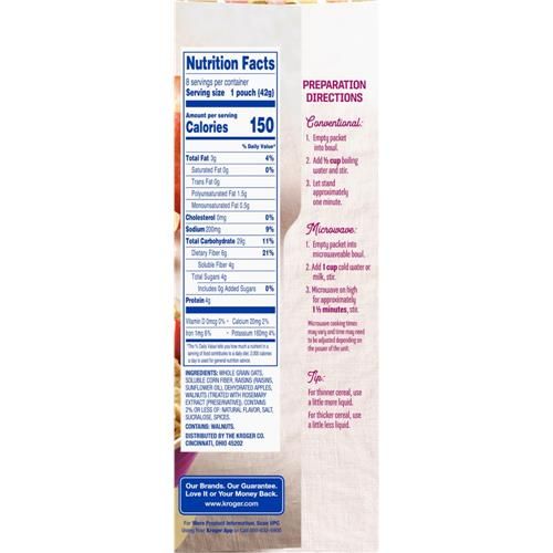 Kroger Raisin Apple & Walnut High Fiber Instant Oatmeal 8 ct